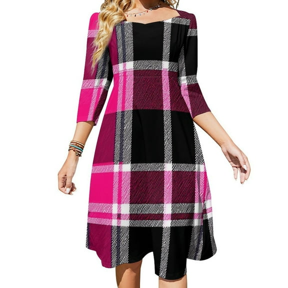 Pink And Black Plaid Pattern-1 Womens Summer Dress Tie Back A Line Flare Dress