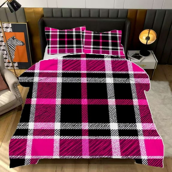Pink And Black Plaid Pattern Comforter Set Full Size Bedding Set For Travl Bedroom Decor Quilt With 2 Pillow Cases