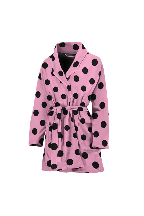 Pink And Black Polka Dot Pattern Women Bathrobe One Size Univeral Fits, Dots Fashion Lightweight Plush Fleece Long Robe For Women