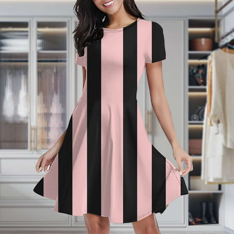 Pink And Black Vertical Stripes Women's Classic Swing Skater Dress