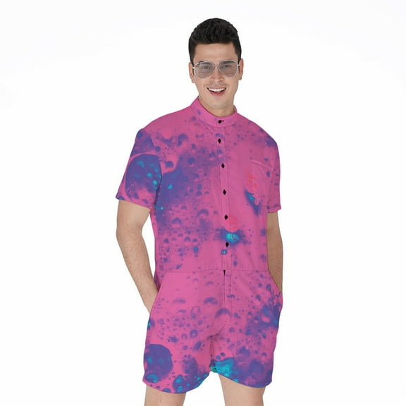 Pink And Blue Acid Melt Short Sleeve Men'S Rompers Casual Summer Jumpsuits Outfit
