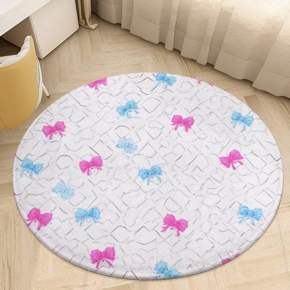Pink And Blue Bow Pattern Round Area Rugs for Bedroom Living Room, 5FT Soft Indoor Circle Carpets, Carpet Home Decor Floor Mat