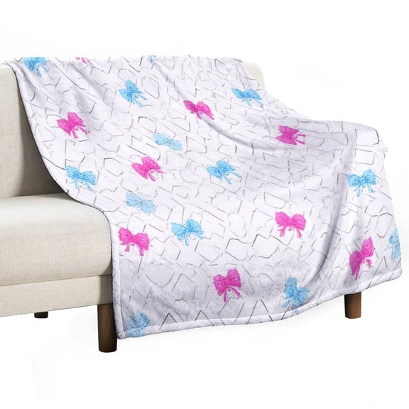 Pink And Blue Bow Pattern Throw Blanket Warm Microfiber Flannel Bedroom Decor Blankets For Beds