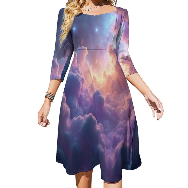 Pink And Blue Galaxy Starry Sky Sweetheart Knot Flared Dress Fashion Design  Large Size Loose Dress Spring Summer Women Dress - Walmart.com