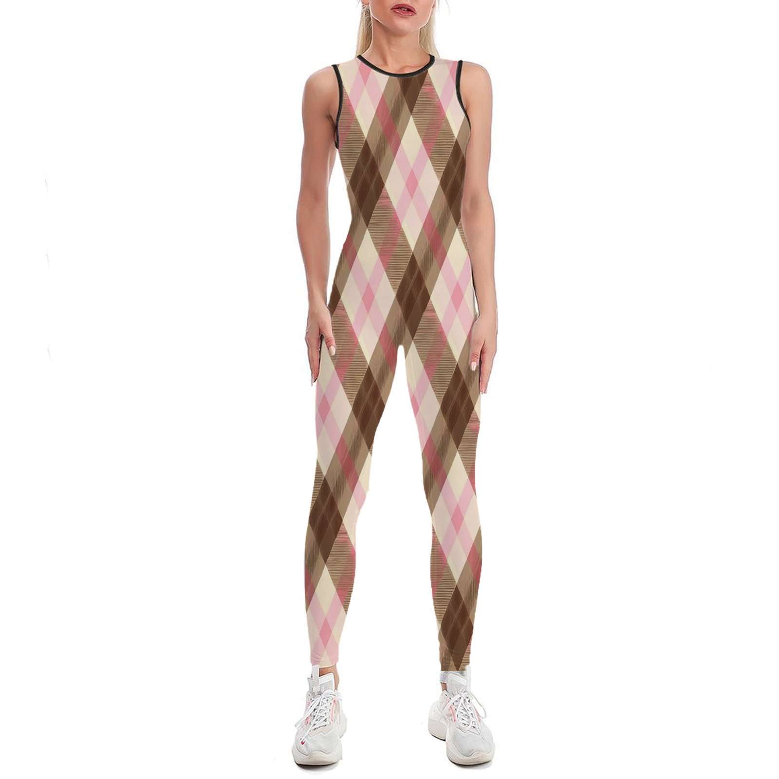 Pink And Brown Plaid Pattern Women's One Piece Yoga Jumpsuits Leggings — free download