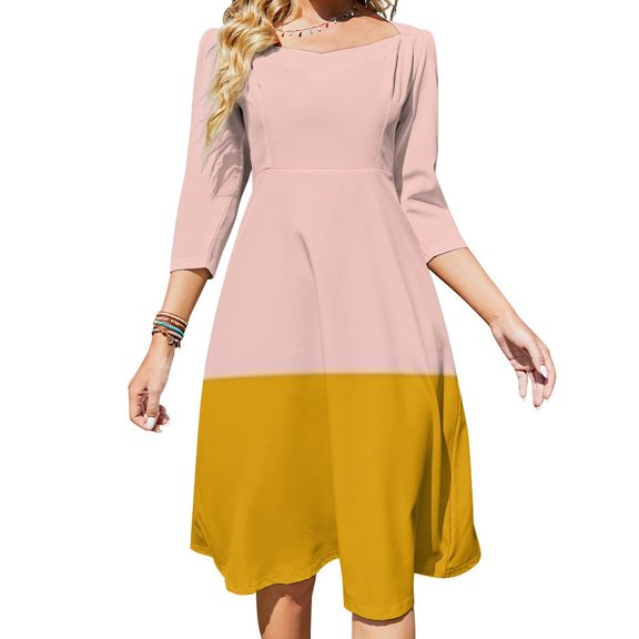 Pink And Gold Color Block Womens Summer Dress Tie Back A Line Flare Dress