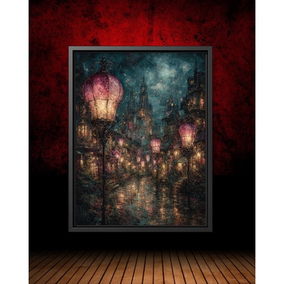 Pink And Gold Lantern Street Wall Art , Gothic Cityscape ed Style Unframed Paper Print