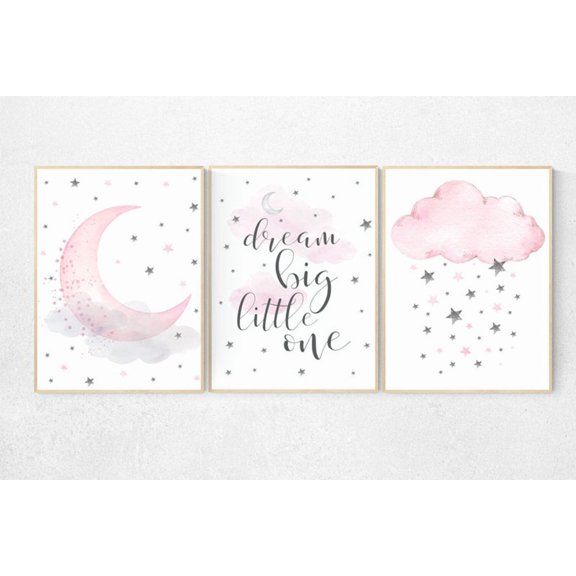 Pink And Gray Moon Nursery Wall Art Prints, Stars, Cloud, Nursery And Home Decor