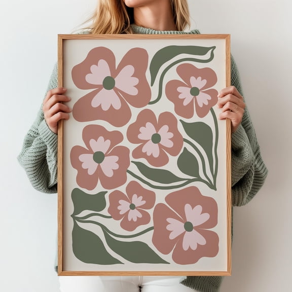 Pink And Green Boho Abstract Flower Poster Botanical Vintage Poster Terracotta Poster Flower Market Poster Vintage Flower Wall Art, Poster Only