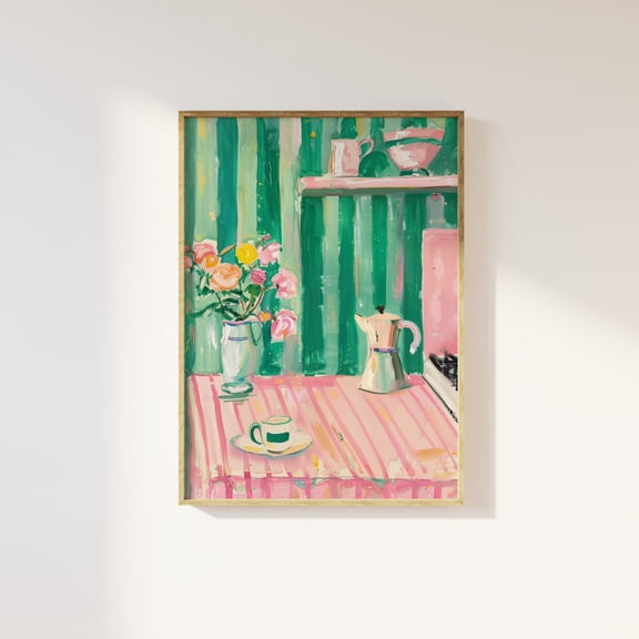 Pink And Green Cute Kitchen Artistic Print Dopamine Decor Pastels Trendy Preppy Kitchen Poster Kitchen Decor Coffee Flowers