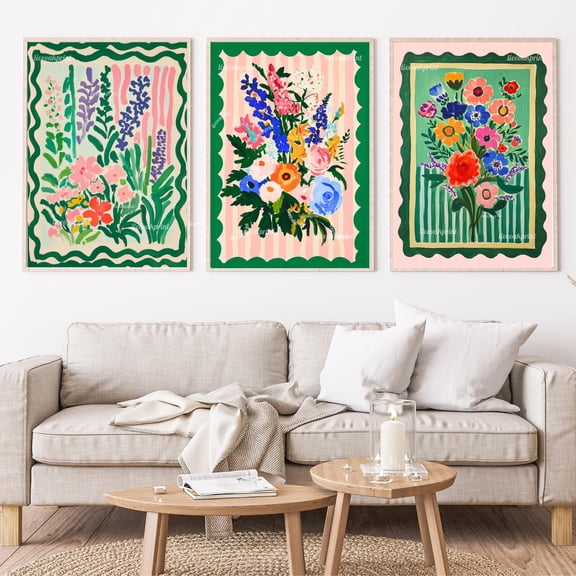 Pink And Green Floral Art Prints : Triptych Wall Art Set Boho Dopamine Decor Set 3