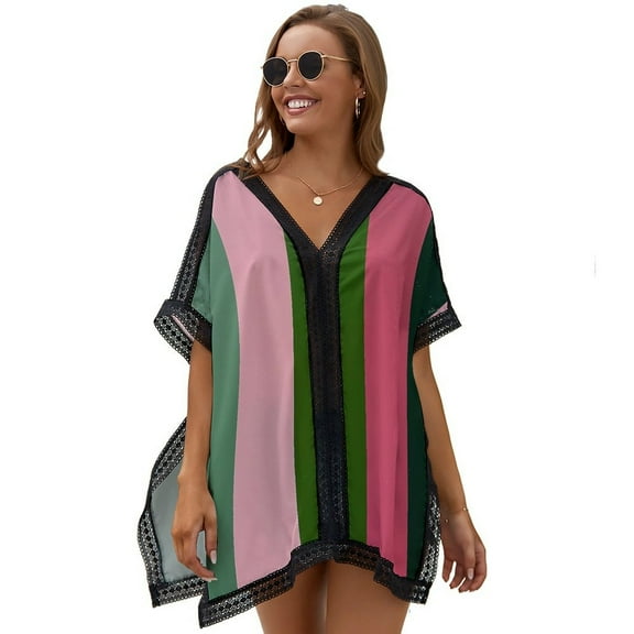 Pink And Green Stripes Printed Women's Swimsuit Cover Up Summer Swimsuit Dress