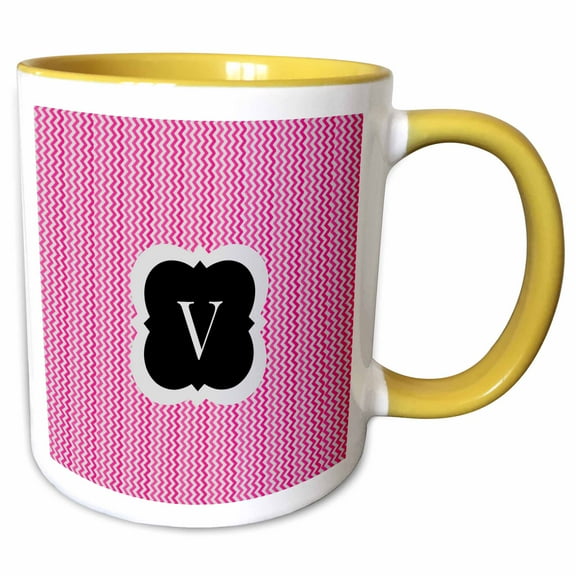 3drose, Pink and Grey Chevron Monogram Initial V, 11oz Two-tone Yellow Mug