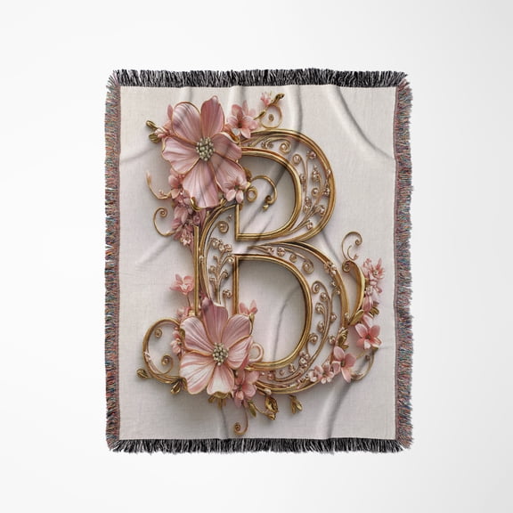 Pink And Image Of Gold Floral Monogram Initial B, Woven Blanket