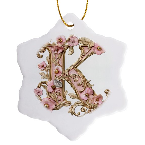 3drose, Pink and Image of Gold Floral Monogram Initial K, 3 inch Snowflake Porcelain Ornament
