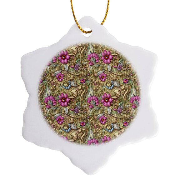 3drose, Pink and Image of Gold Flower and Leaf Pattern, 3 inch Snowflake Porcelain Ornament