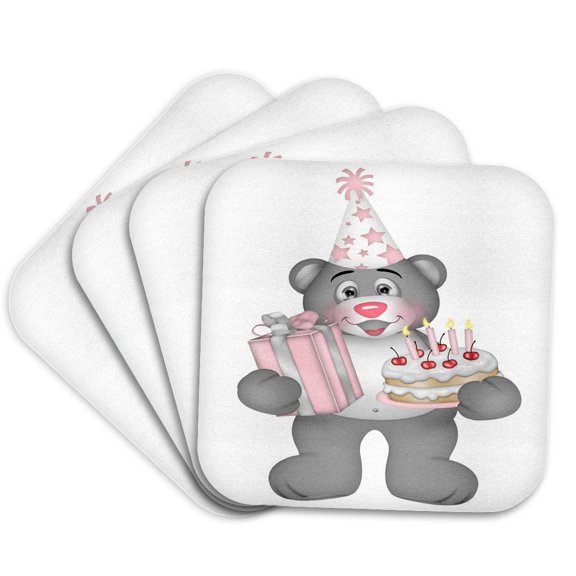 3drose, Pink and Light Gray Birthday Bear with Cake and Present Illustration, Set of 4 Coasters - Soft