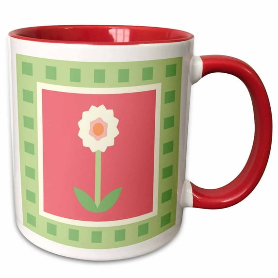 3drose, Pink and Lime Cute Flower Art- Childrens Art, 15oz Two-tone Red Mug