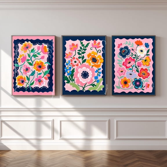 Pink And Navy Floral Wall Art : Flower Triptych Print Set Boho Decor Home Decor Office Wall Art Set 3