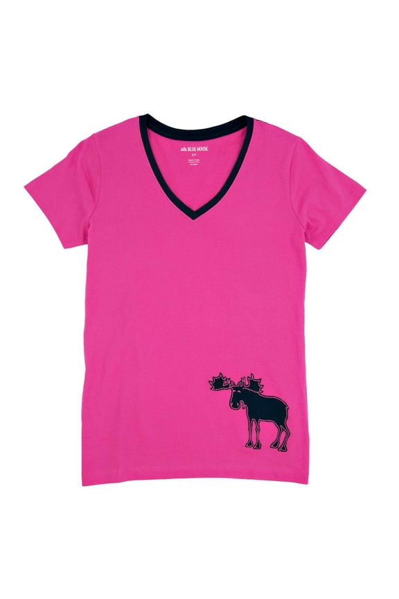 Pink And Navy Moose Womens Pajama T-Shirt - Medium