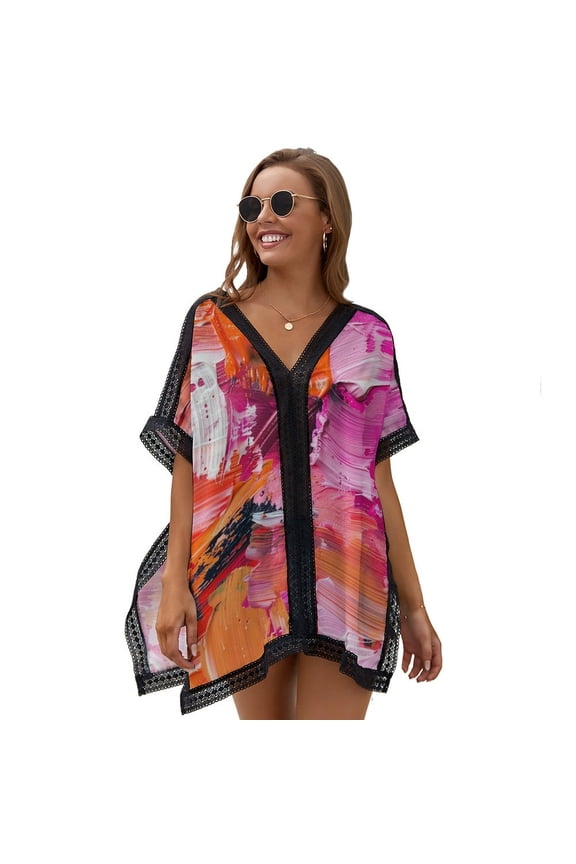 Pink And Orange Brush Printed Women's Swimsuit Cover Up Summer Swimsuit Dress