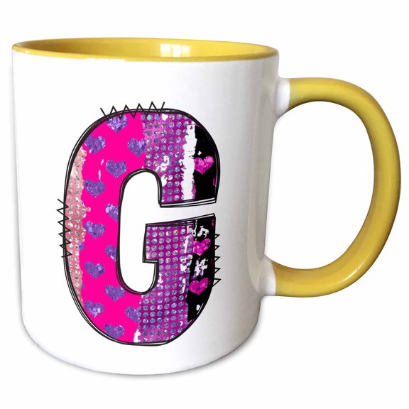 3drose, Pink and Purple Hearts and Dots Grunge Monogram Initial G, 15oz Two-tone Yellow Mug