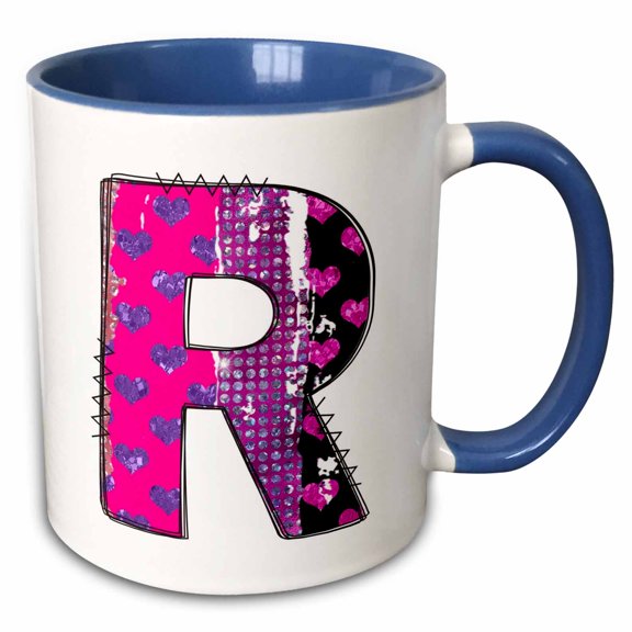 3drose, Pink and Purple Hearts and Dots Grunge Monogram Initial R, 15oz Two-tone Blue Mug