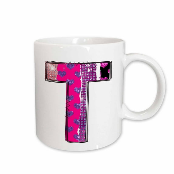 3drose, Pink and Purple Hearts and Dots Grunge Monogram Initial T, 11oz Mug