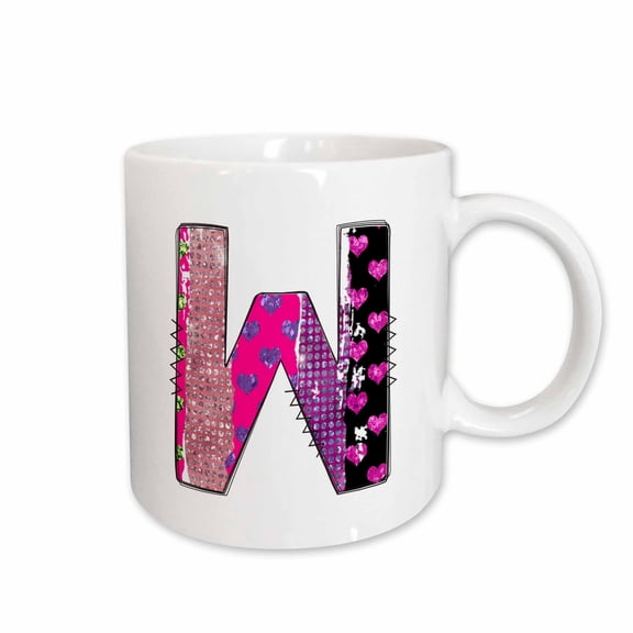 3drose, Pink and Purple Hearts and Dots Grunge Monogram Initial W, 15oz Mug