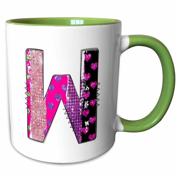 3drose, Pink and Purple Hearts and Dots Grunge Monogram Initial W, 15oz Two-tone Green Mug