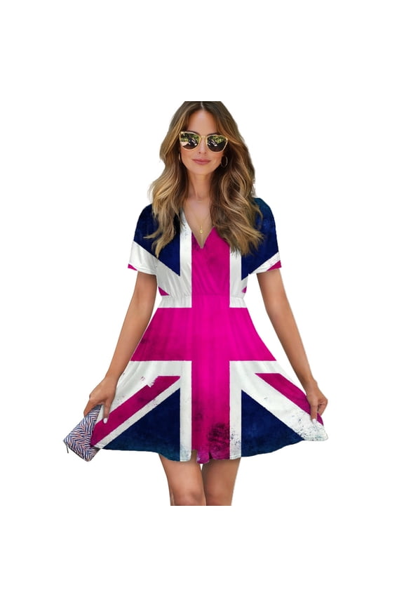 Pink And Purple Union Jack Flag Women Dress V-Neck Short Sleeve Flowy Swing Party Midi Dress