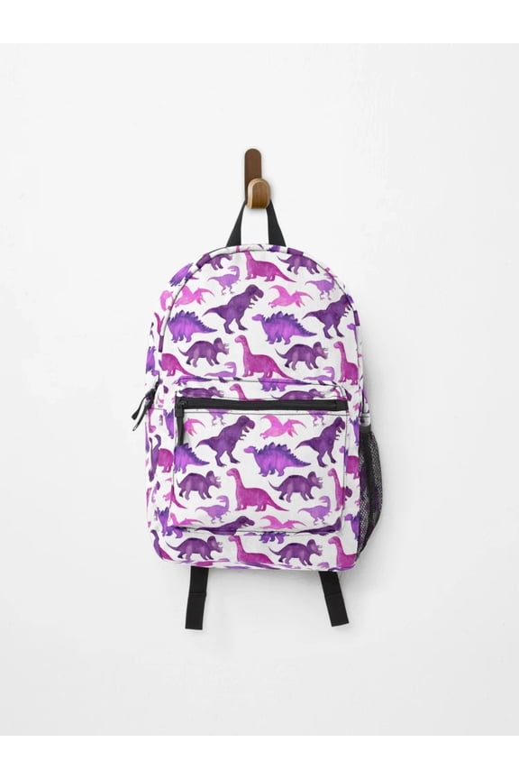 Pink And Purple Watercolor Dinosaurs On White Backpack, Back To School Backpack