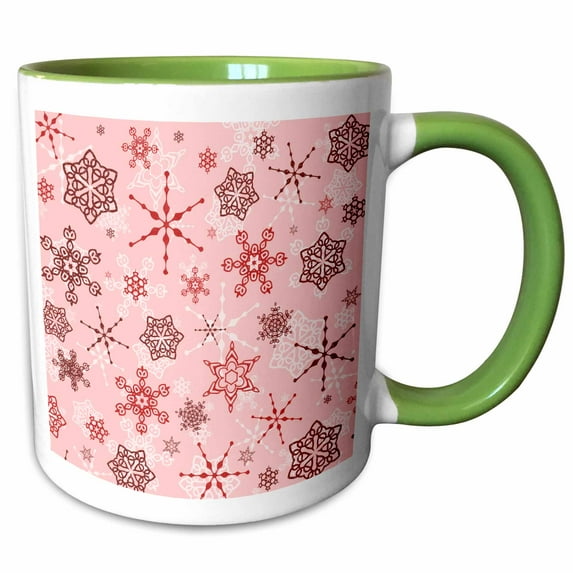 3drose, Pink and Red Elegant Snowflake Pattern, 15oz Two-tone Green Mug