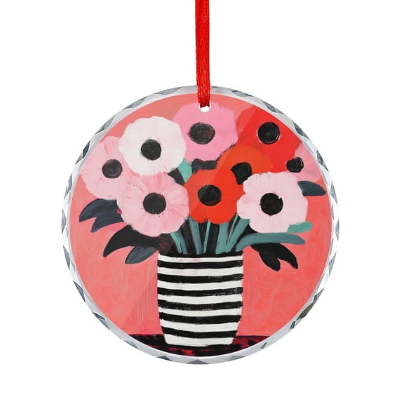 Pink And Red Flowers in Vase Glass Ornament Nature Flower in Vase Christmas Tree Glass Ornament Holiday Home Decor