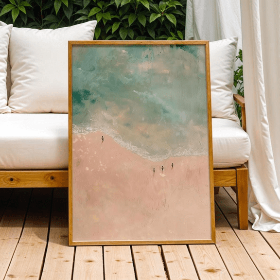 Pink And Sage Green Aerial Ocean Swimmers Poster, Poster Only