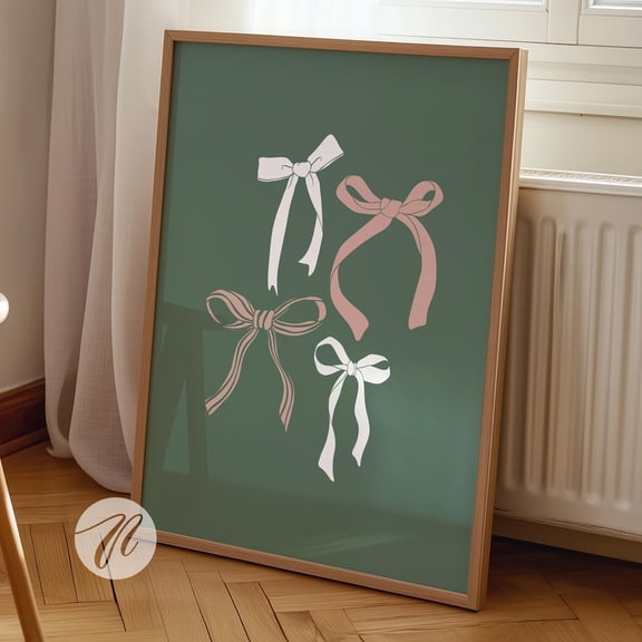 Pink And Sage Green Bows Print, Coquette Wall Art UNFRAMED PAPER POSTER, Home Decor, Vintage Gift, Living Room Dercor