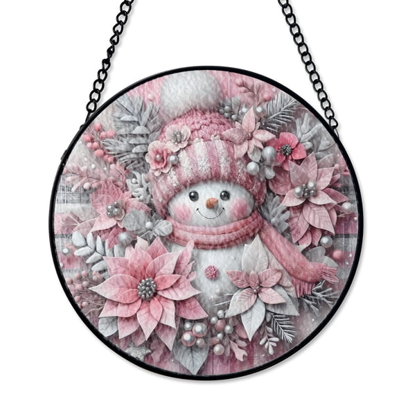 Pink And Silver Snowman Suncatcher, Stained Glass Style UV Printed Glass, Winter Holiday Frosty Decor, Round