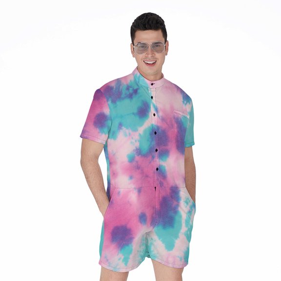 Pink And Teal Tie Dye Short Sleeve Men'S Rompers, Tie Dye Pattern Casual Summer Jumpsuits Outfit