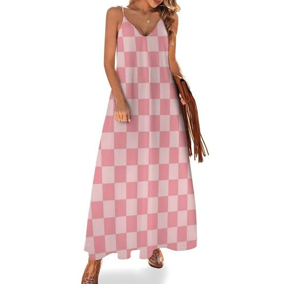 Pink And White Checkerboard Sleeveless Dress Women's Evening Dress Womans Clothing