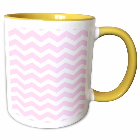 3drose, Pink and White Chevron Zig Zag Pattern - Modern Contemporary Zigzag Stripes - Pastel Girly Zig Zags, 15oz Two-tone Yellow Mug