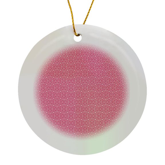3drose, Pink and White Greek Key Pattern, Circle Porcelain Ornament