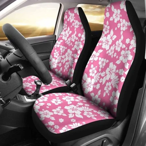 Pink And White Hibiscus Hawaiian Flower Pattern Car Seat Covers Pack of 2 Universal Front Seat Protective Cover