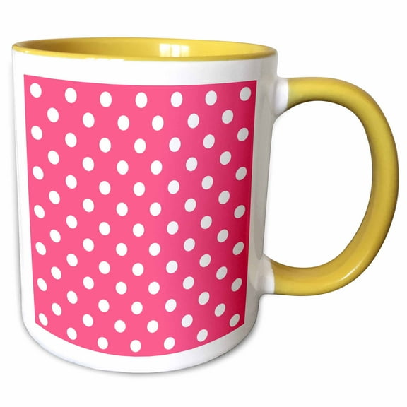 3drose, Pink and White Polka Dot Print, 15oz Two-tone Yellow Mug