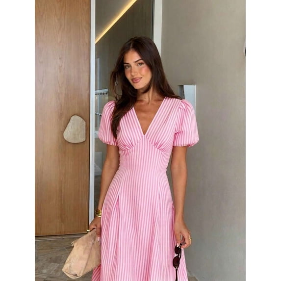Pink And White Striped V-Neck Petal Sleeve Midi Dress For Women