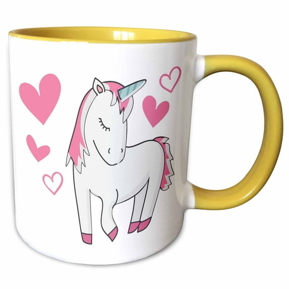 3drose, Pink and White Unicorn with Pink Hearts, 15oz Two-tone Yellow Mug
