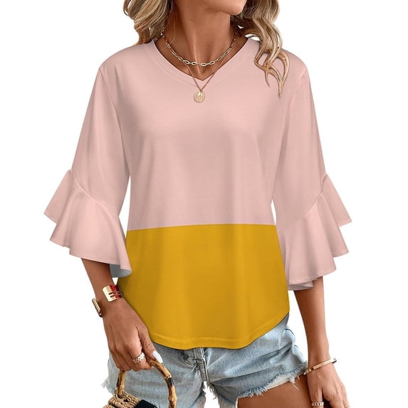 Pink And Yellow Color Block Women's V-Neck Blouse With 3/4 Ruffled Bell Sleeves Casual Top Ladies Blouses