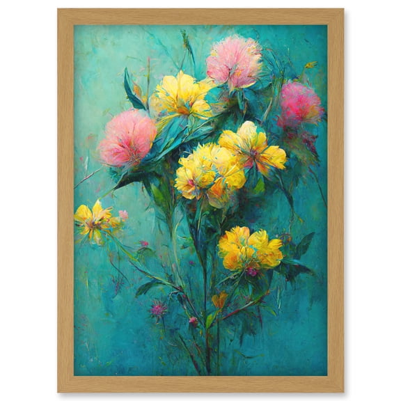 Pink And Yellow Flower Bouquet In Teal Oil Painting Artwork Framed Wall Art Print A4