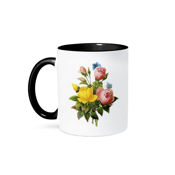 3dRose, Pink and Yellow Roses, 11oz Two-Tone Black Mug