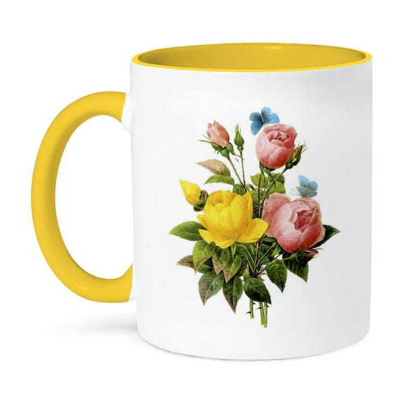 3dRose, Pink and Yellow Roses, 15oz Two-Tone Yellow Mug