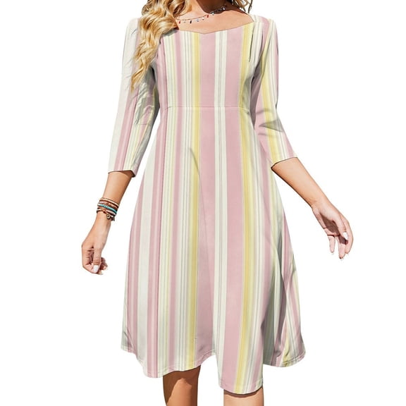 Pink And Yellow Striped Pattern-1 Womens Summer Dress Tie Back A Line Flare Dress